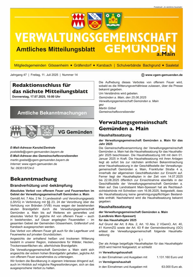 Mitteilungsblatt der VG Gemünden a Main Titelblatt 14/2025