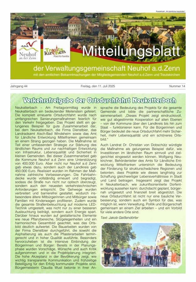 Mitteilungsblatt der Verwaltungsgemeinschaft Neuhof an der Zenn mit den amtlichen Bekanntmachungen der Mitgliedsgemeinden Neuhof an der Zenn und Trautskirchen Titelblatt 14/2025