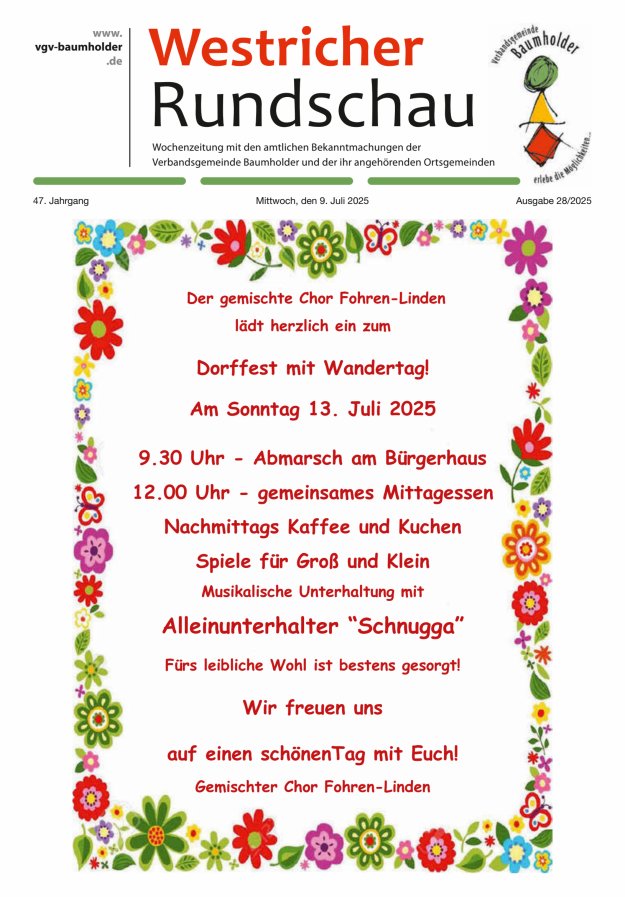 Westricher Rundschau VG Baumholder Titelblatt 28/2025