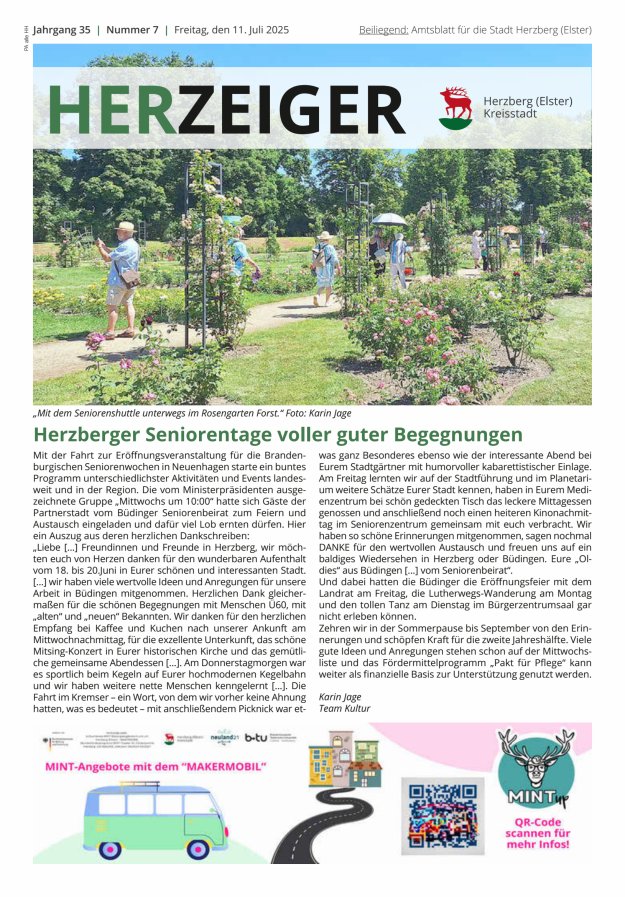 Amtsblatt für die Stadt Herzberg (Elster) mit Bekanntmachungen der Stadt  Titelblatt 07/2025
