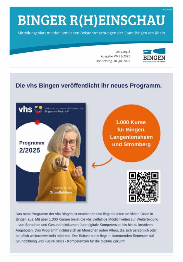 Binger R(h)einschau - Mitteilungsblatt mit den Amtlichen Bekanntmachungen der Stadt Bingen Titelblatt 28/2025