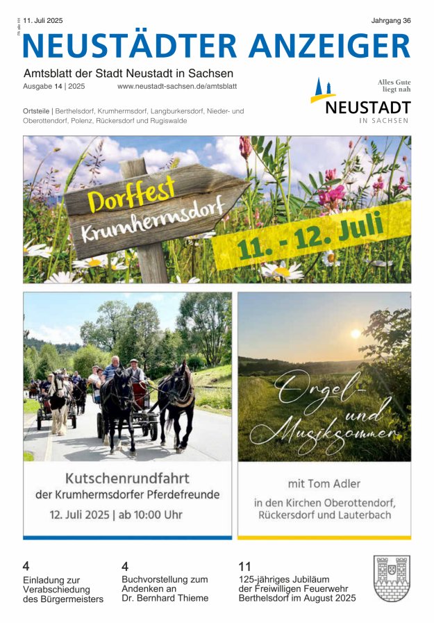 Neustädter Anzeiger - Amts- und Heimatblatt der Stadt Neustadt in Sachsen Titelblatt 14/2025