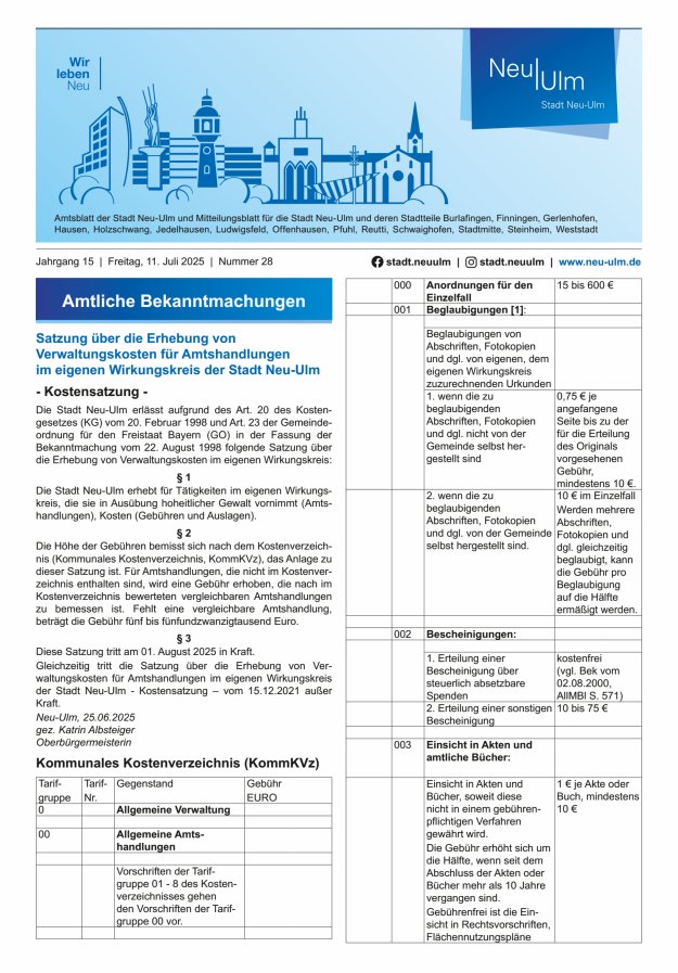 Amtsblatt der Stadt Neu-Ulm und Mitteilungsblatt für die Stadt Neu-Ulm Titelblatt 28/2025