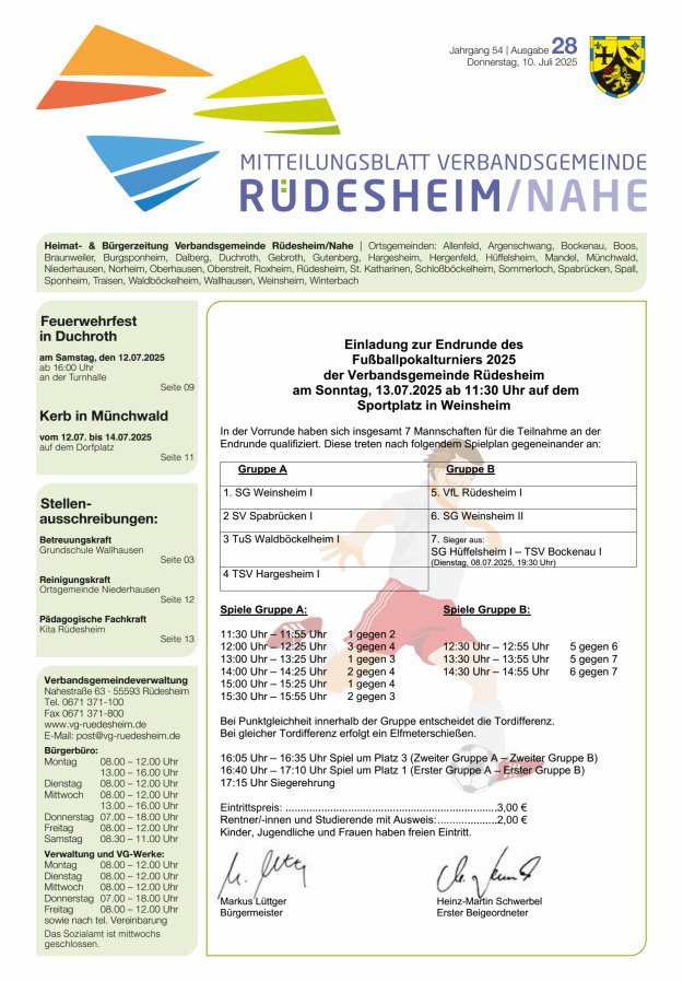Mitteilungsblatt Verbandsgemeinde Rüdesheim und zugehörige Ortsgemeinden Titelblatt 28/2025