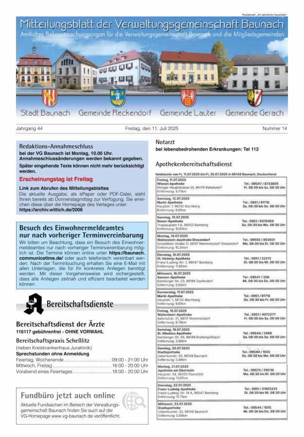 Mitteilungsblatt Verwaltungsgemeinschaft Baunach Titelblatt 14/2025