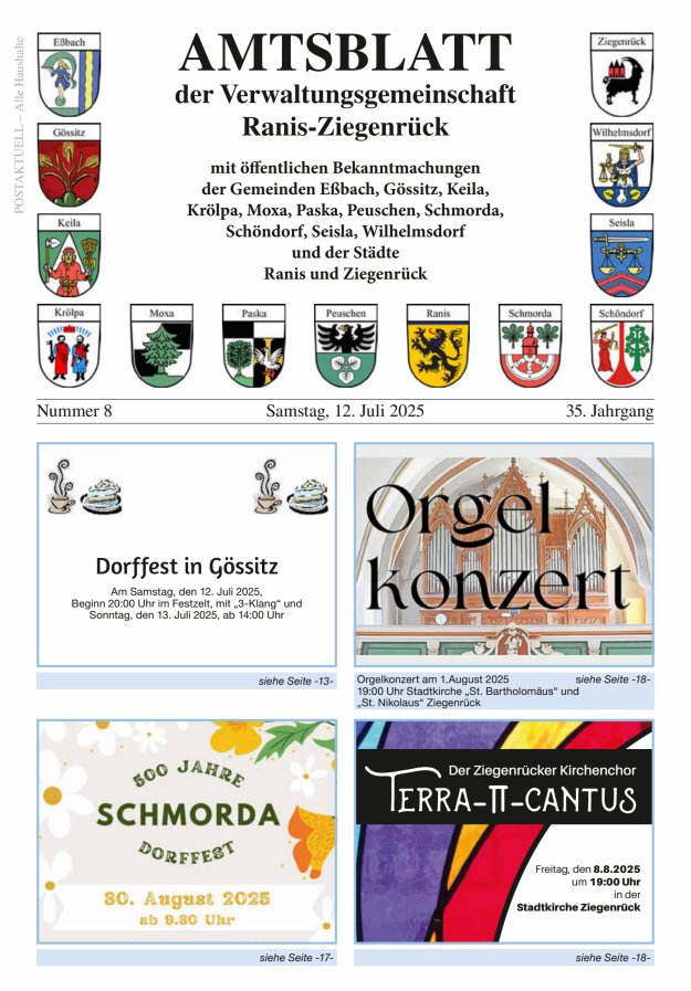 Amtsblatt der Verwaltungsgemeinschaft Ranis-Ziegenrück Titelblatt 08/2025