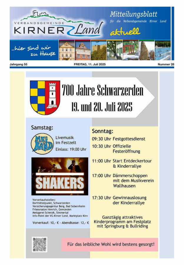 Mitteilungsblatt für den Bereich der Verbandsgemeinde Kirner Land Titelblatt 28/2025