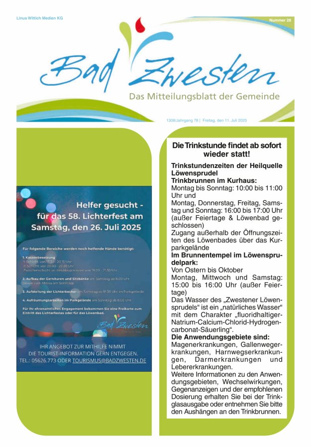 Heimatzeitung Bad Zwesten Titelblatt 28/2025