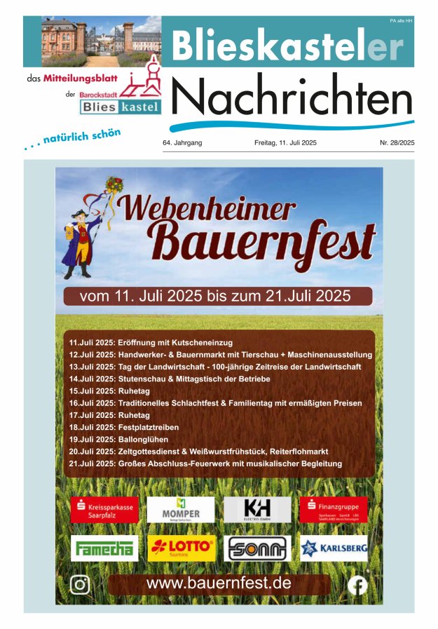 Blieskasteler Nachrichten  Titelblatt 28/2025