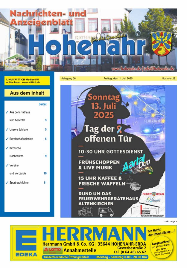 Nachrichten- und Anzeigenblatt für die Gemeinde Hohenahr Titelblatt 28/2025