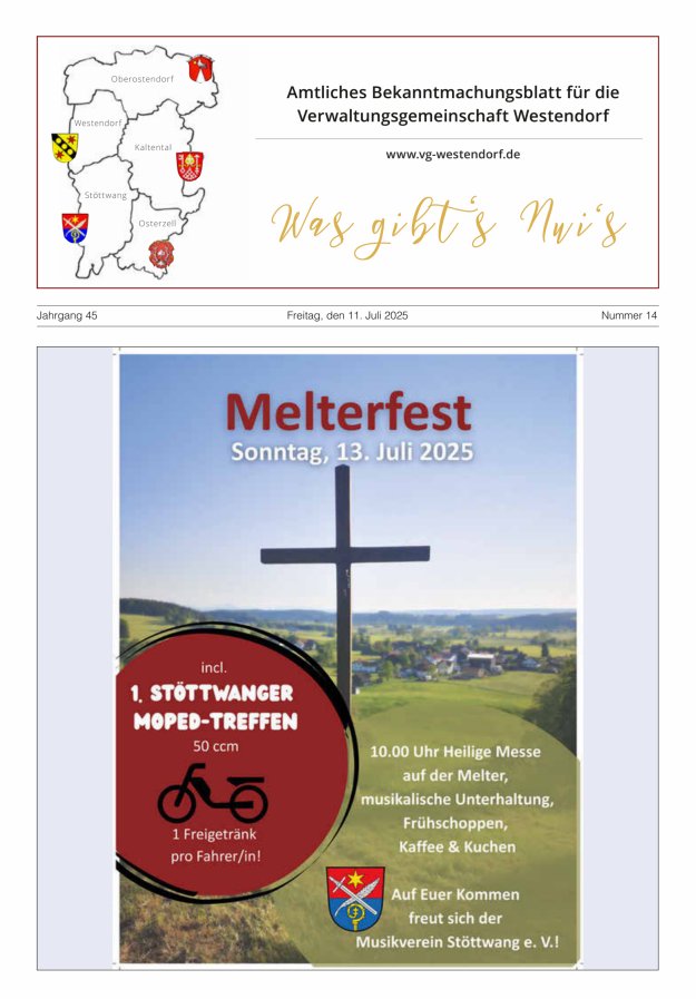 Was gibt's Nui's Amtliches Bekanntmachungsblatt für die VG Westendorf Titelblatt 14/2025