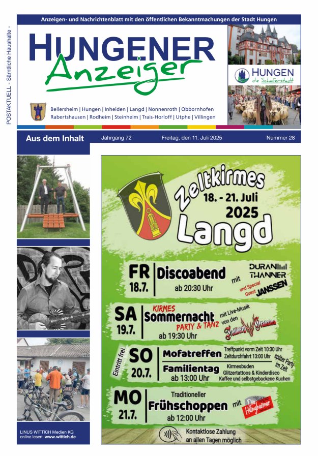 Anzeigen- und Nachrichtenblatt mit den öff  Bekanntmachungen der Stadt Hungen Titelblatt 28/2025