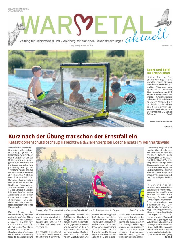 Warmetal aktuell (Habichtswald + Zierenberg) Titelblatt 28/2025