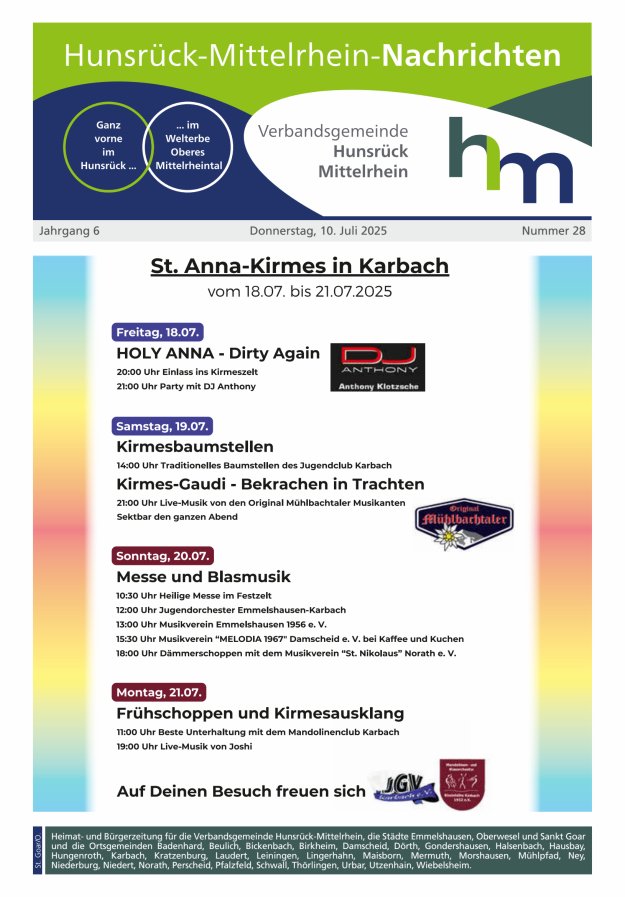 Hunsrück-Mittelrhein Nachrichten Ausgabe St Goar Oberwesel Titelblatt 28/2025