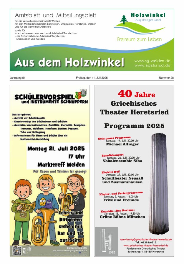 Aus dem Holzwinkel Amtsblatt u Mitteilungsblatt f VG Welden u GemAdelsried Titelblatt 28/2025