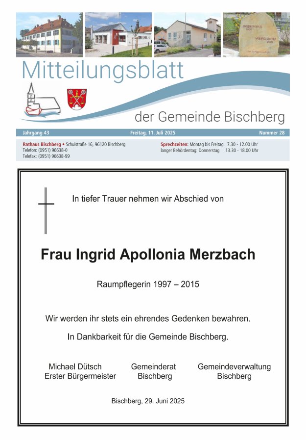 Mitteilungsblatt der Gemeinde Bischberg Titelblatt 28/2025