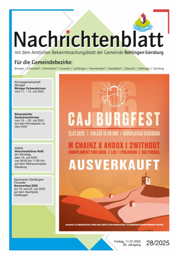 Nachrichtenblatt Rehlingen-Siersburg Titelblatt 28/2025