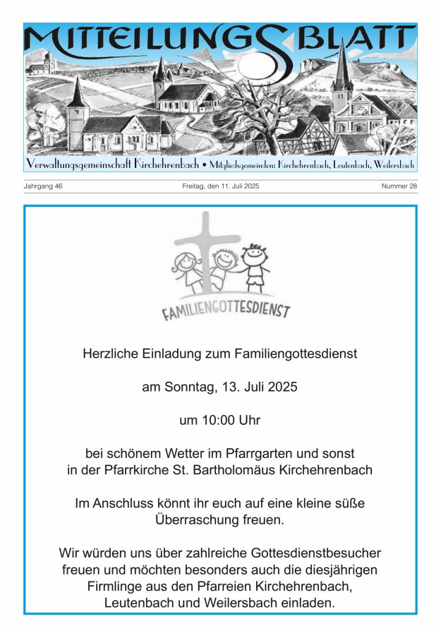 Mitteilungsblatt Verwaltungsgemeinschaft Kirchehrenbach Titelblatt 28/2025