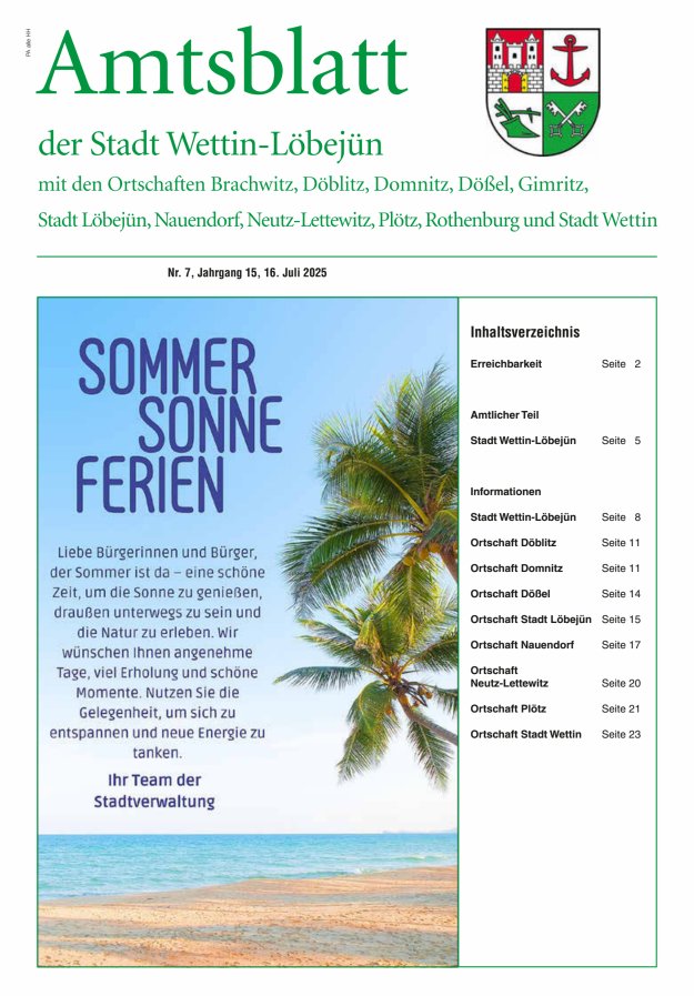 Amtsblatt der Stadt Wettin-Löbejün mit den Ortsteilen Titelblatt 07/2025
