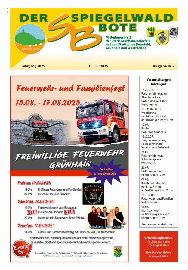 Der Spiegelwaldbote - Amts- und Mitteilungsblatt der Gemeinde Grünhain-Beierfeld  Titelblatt 07/2025