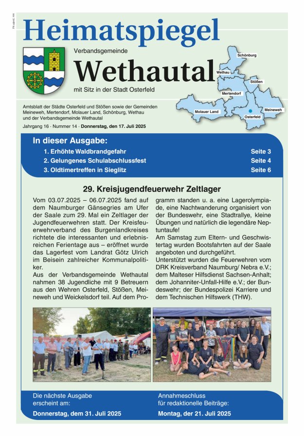 Heimatspiegel Verbandsgemeinde Wethautal mit Sitz in der Stadt Osterfeld Titelblatt 14/2025