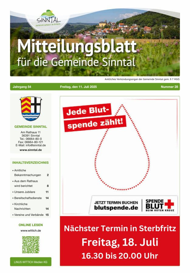 Mitteilungsblatt für die Gemeinde Sinntal Titelblatt 28/2025