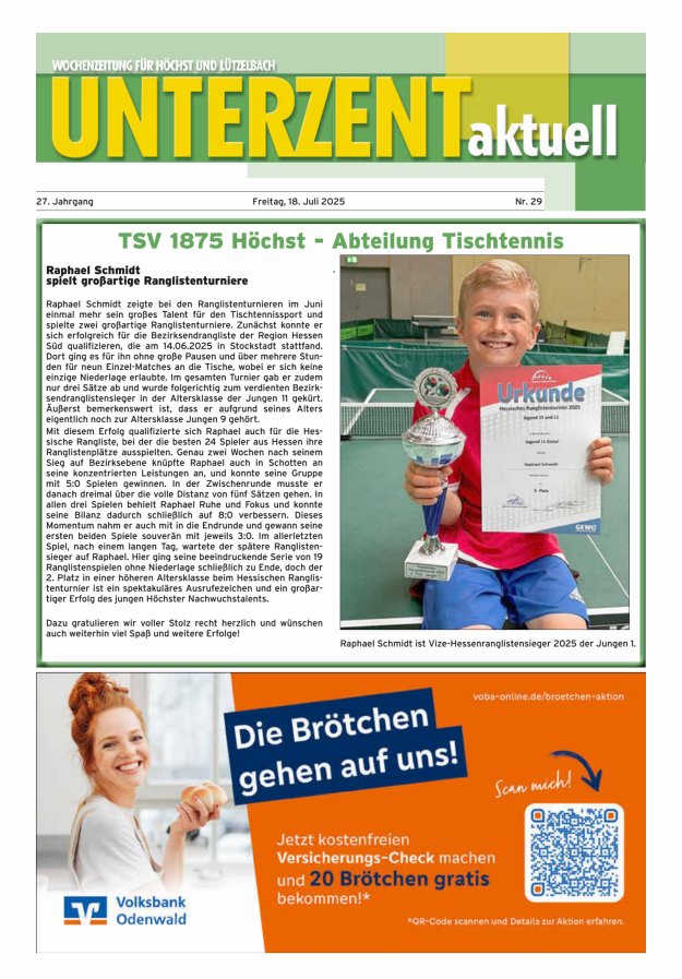 Unterzent aktuell Wochenzeitung für Höchst und Lützelbach Titelblatt 29/2025