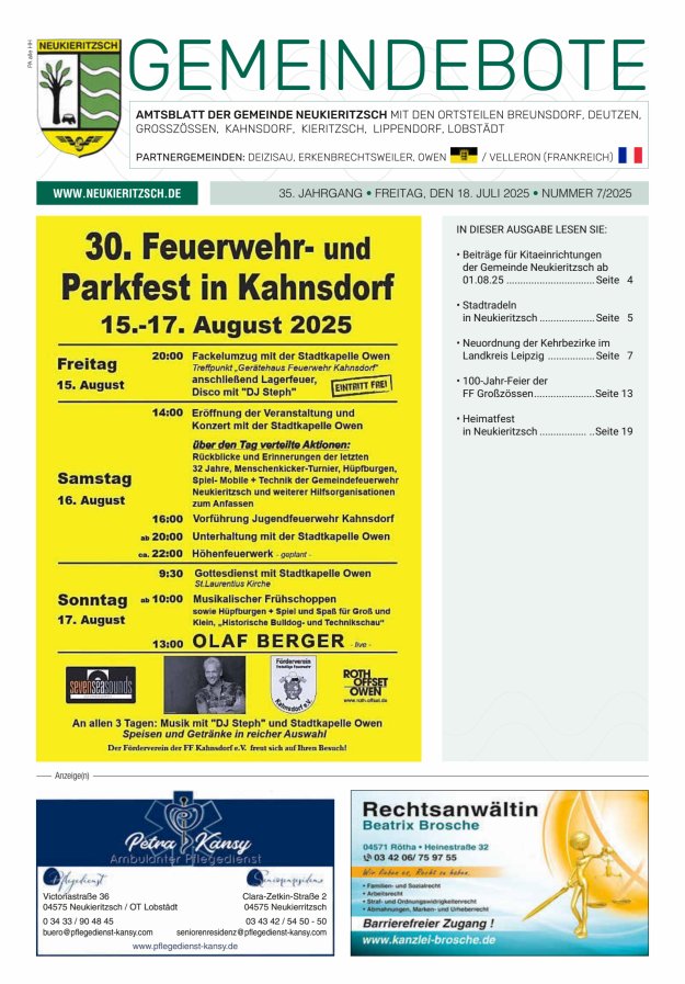 Gemeindebote - Amtsblatt der Gemeinde Neukieritzsch mit den Ortsteilen Titelblatt 07/2025