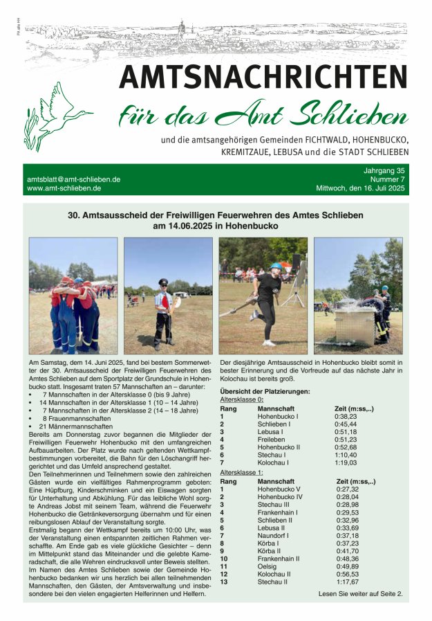 Amtsnachrichten – Amtsblatt für das Amt Schlieben und die amtsangehörigen Gemeinden Titelblatt 07/2025