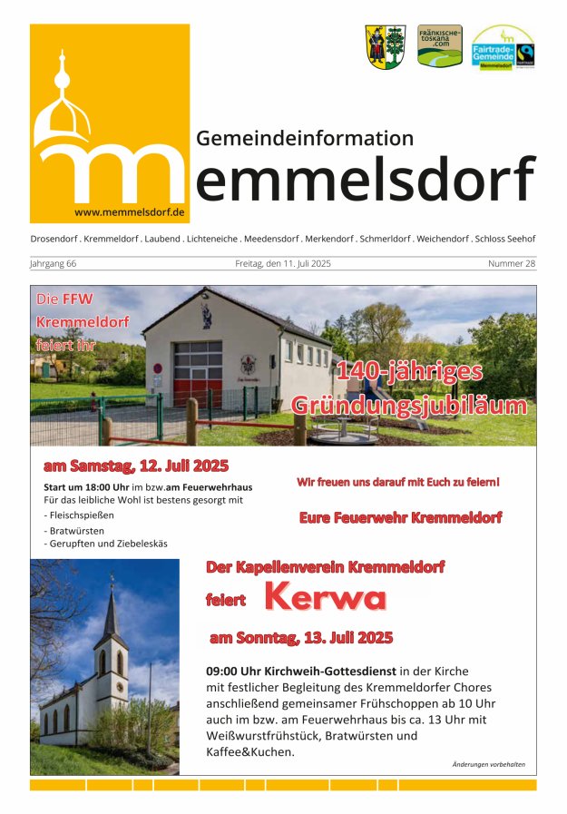 Mitteilungsblatt der Gemeinde Memmelsdorf Titelblatt 28/2025