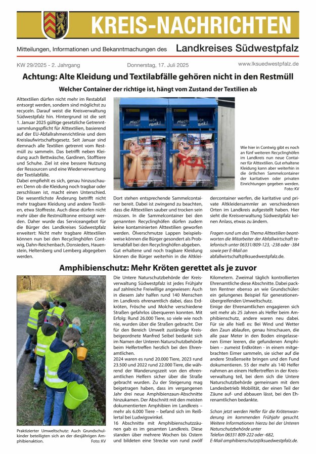 Kreis-Nachrichten - Mitteilungen des Landkreises Südwestpfalz Titelblatt 14/2025