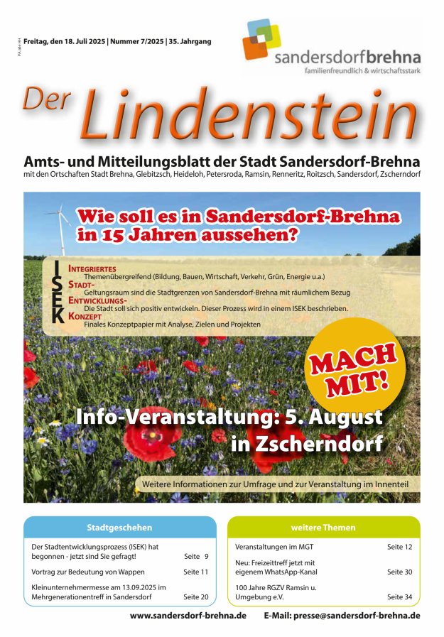 Der Lindenstein Amts- und Mitteilungsblatt der Stadt Sandersdorf-Brehna Titelblatt 07/2025