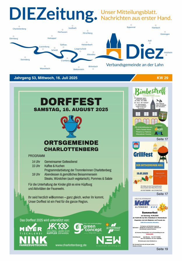 Mitteilungsblatt der Verbandsgemeinde Diez und der Ortsgemeinden Titelblatt 29/2025