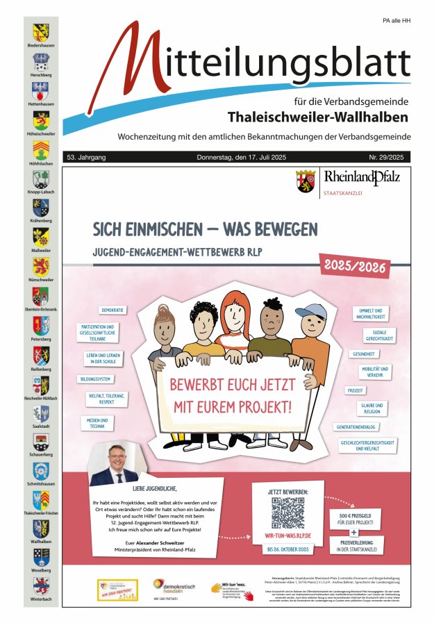 Mitteilungsblatt VG Thaleischweiler-Wallhalben Titelblatt 29/2025