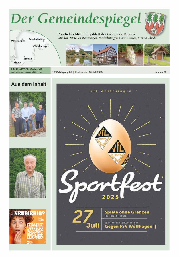 Der Gemeindespiegel (Breuna) Titelblatt 29/2025