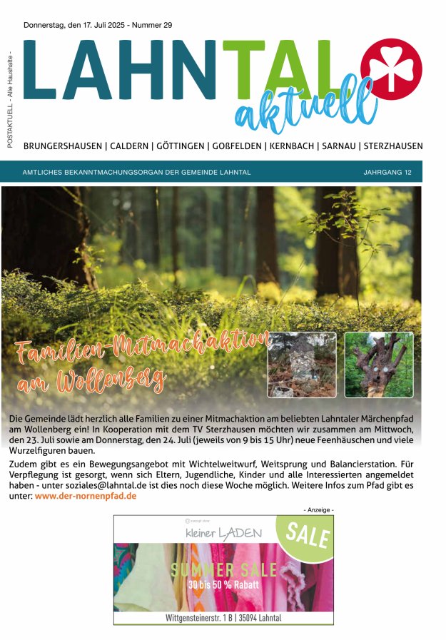 Amtliches Bekanntmachungsorgan der Gemeinde Lahntal Titelblatt 29/2025
