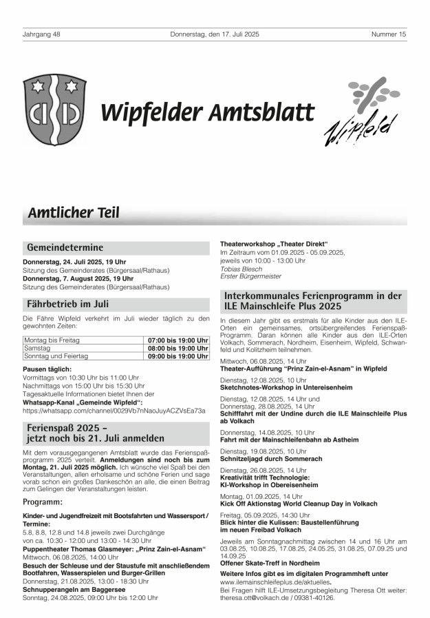 Wipfelder Amtsblatt Titelblatt 15/2025
