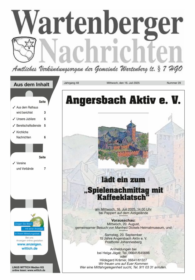 Wartenberger Nachrichten Titelblatt 29/2025