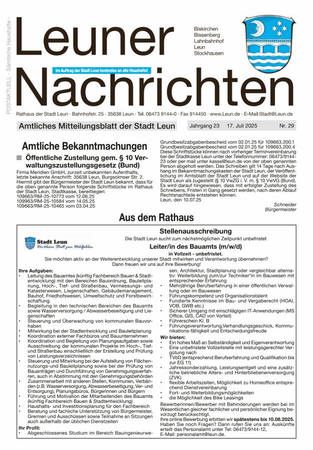 Leuner Nachrichten Titelblatt 29/2025