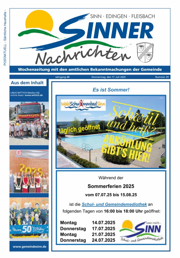 Sinner Nachrichten Titelblatt 29/2025