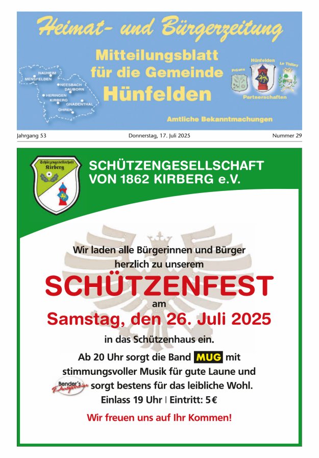 Mitteilungsblatt für die Gemeinde Hünfelden Titelblatt 29/2025
