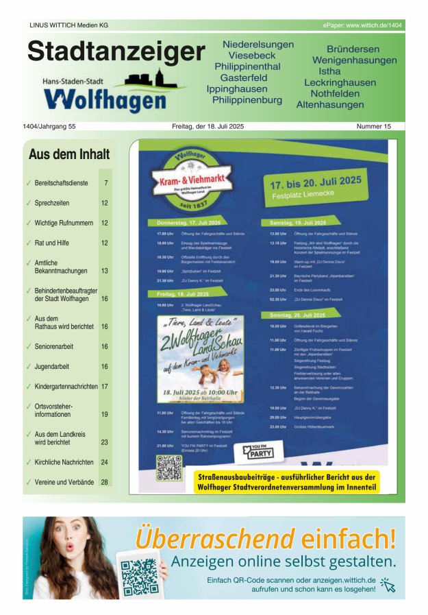 Wolfhager Stadtanzeiger Titelblatt 15/2025