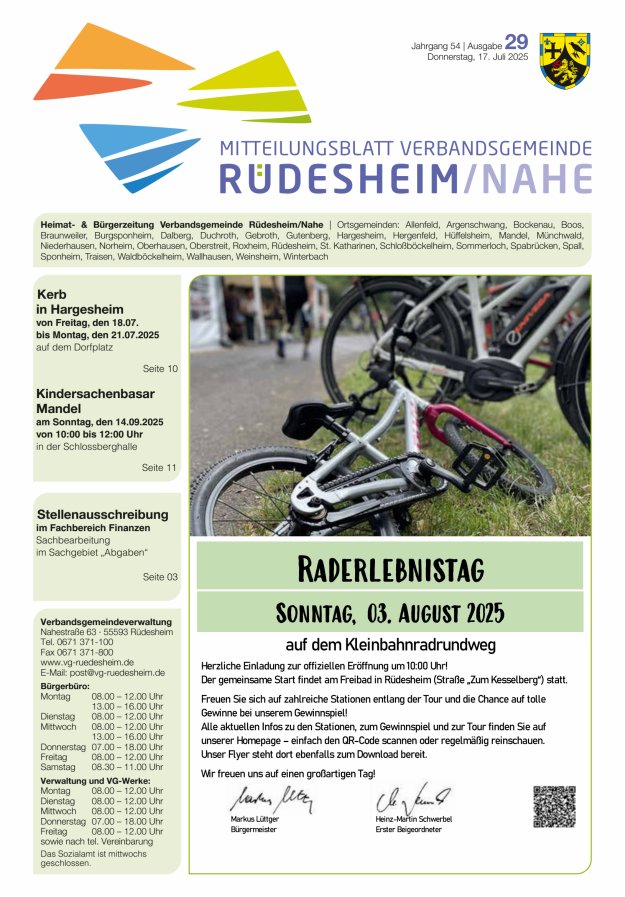 Mitteilungsblatt Verbandsgemeinde Rüdesheim und zugehörige Ortsgemeinden Titelblatt 29/2025