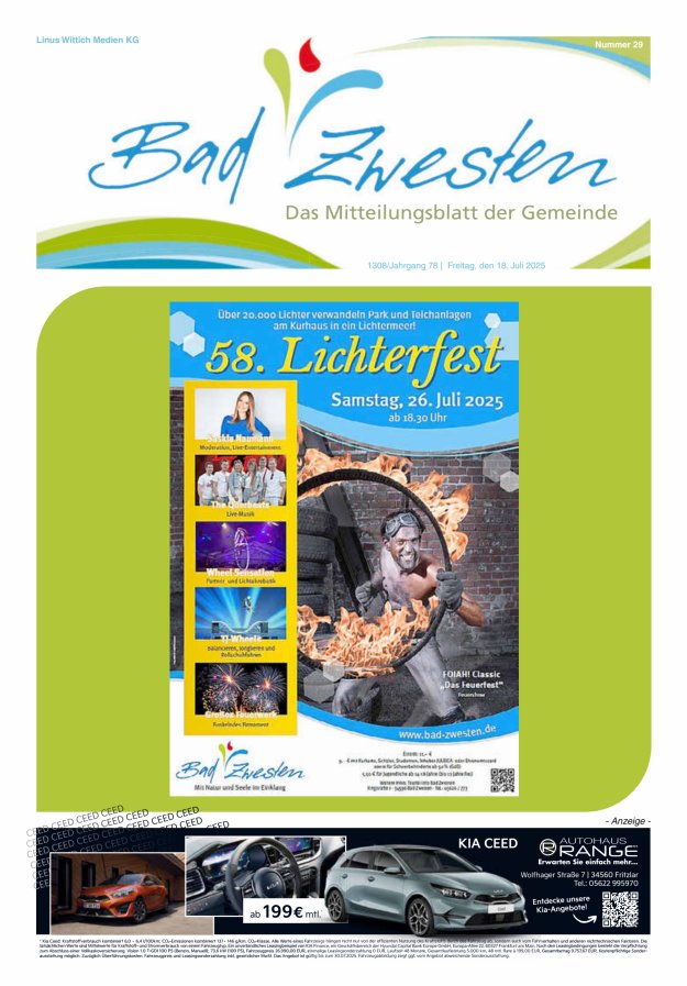 Heimatzeitung Bad Zwesten Titelblatt 29/2025