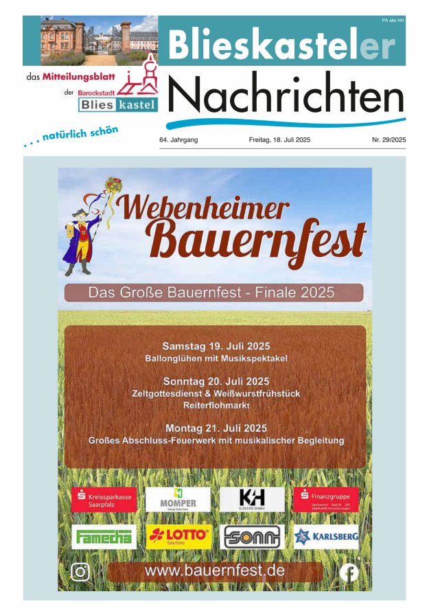 Blieskasteler Nachrichten  Titelblatt 29/2025
