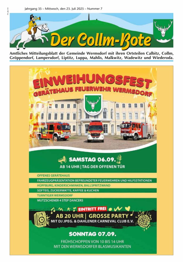 Collm-Bote – Amtliches Mitteilungsblatt der Gemeinde Wermsdorf mit ihren Ortsteilen Titelblatt 07/2025