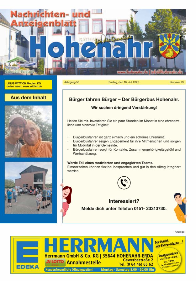 Nachrichten- und Anzeigenblatt für die Gemeinde Hohenahr Titelblatt 29/2025