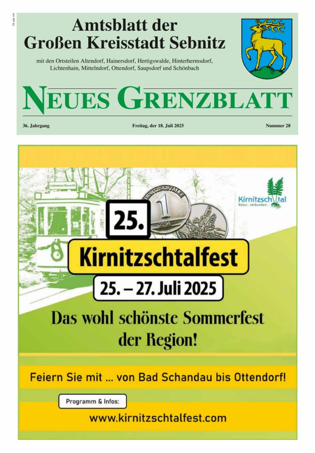 Amtsblatt der Großen Kreisstadt Sebnitz mit den Ortsteilen Titelblatt 28/2025
