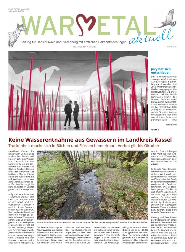 Warmetal aktuell (Habichtswald + Zierenberg) Titelblatt 29/2025