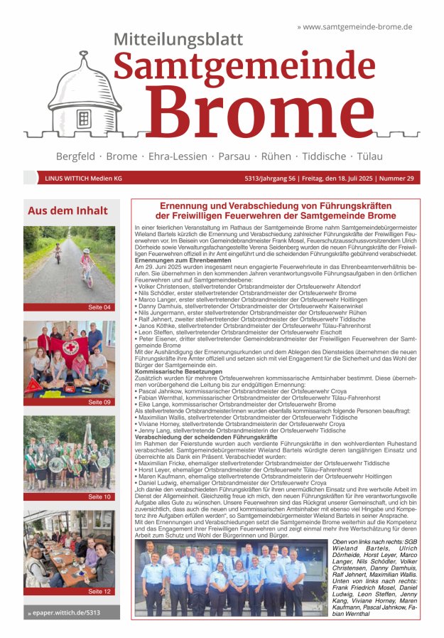 Mitteilungsblatt der Samtgemeinde Brome Titelblatt 29/2025